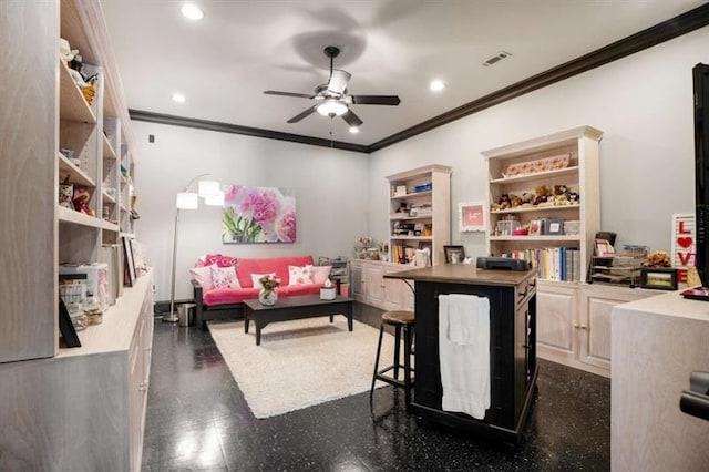833 Hines Rd, Moreland, GA 30259 - bar with crown molding, ceiling fan, and recessed lighting