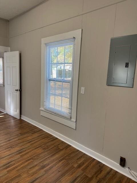 spare room featuring electric panel and dark wood-type flooring