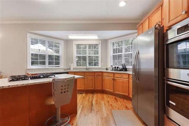 kitchen with sink, light wood-type flooring, ornamental molding, and appliances with stainless steel finishes