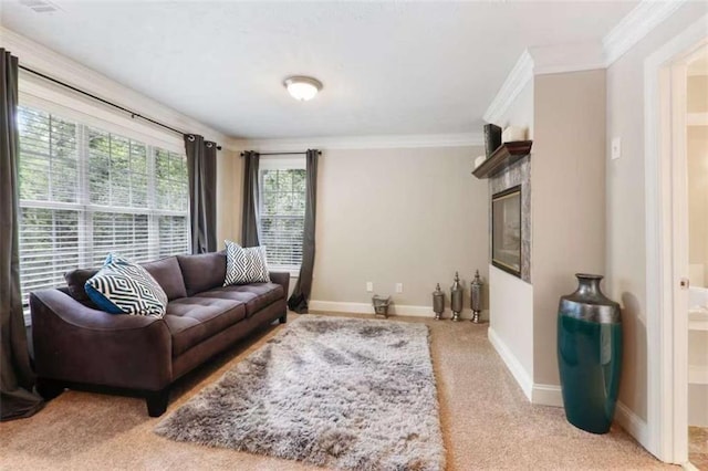 carpeted living room with crown molding