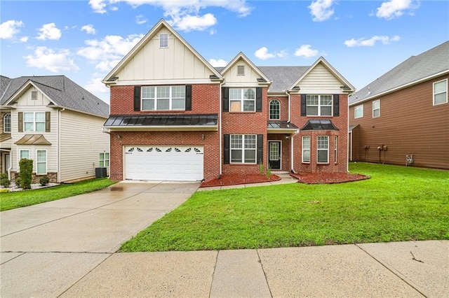 1212 Ashton Park Dr, Lawrenceville, GA 30045 - view of front of house with brick siding, board and batten siding, concrete driveway, a garage, and a front lawn