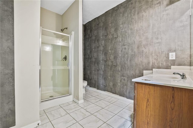 1212 Ashton Park Dr, Lawrenceville, GA 30045 - full bathroom with a stall shower, vanity, toilet, and marble look tile flooring