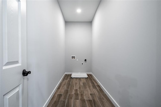 754 Fayetteville Rd SE, Atlanta, GA 30316 - laundry room with electric dryer hookup, hookup for a washing machine, dark wood-style flooring, baseboards, and recessed lighting
