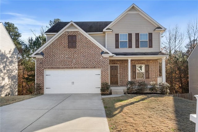 view of front of property with a garage, concrete driveway, brick siding, and a front lawn