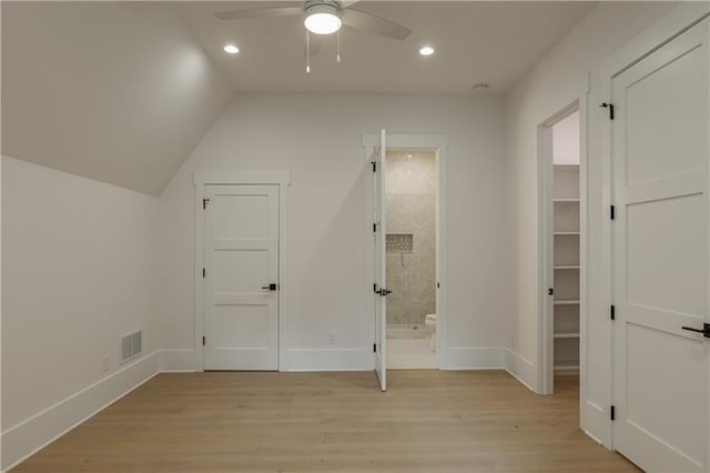 bonus room featuring ceiling fan, recessed lighting, light wood-style floors, and baseboards