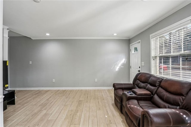 living room featuring crown molding and light hardwood / wood-style floors