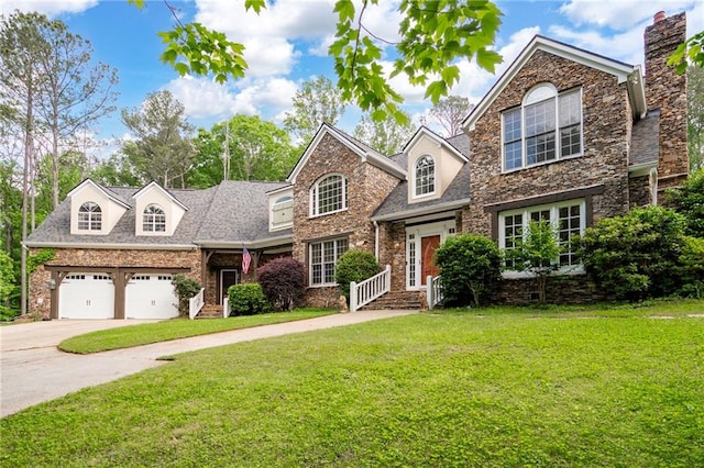 traditional-style house featuring a front yard, driveway, an attached garage, a chimney, and stone siding
