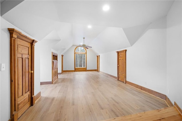 bonus room with ceiling fan, baseboards, light wood-type flooring, lofted ceiling, and recessed lighting