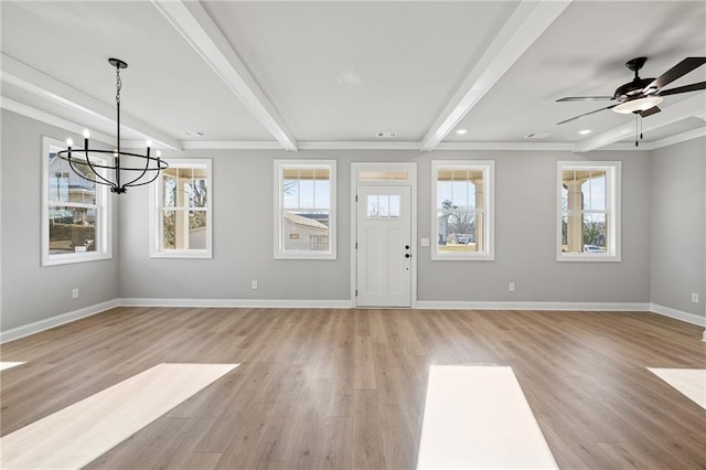 entryway with ceiling fan with notable chandelier, light hardwood / wood-style floors, and beamed ceiling