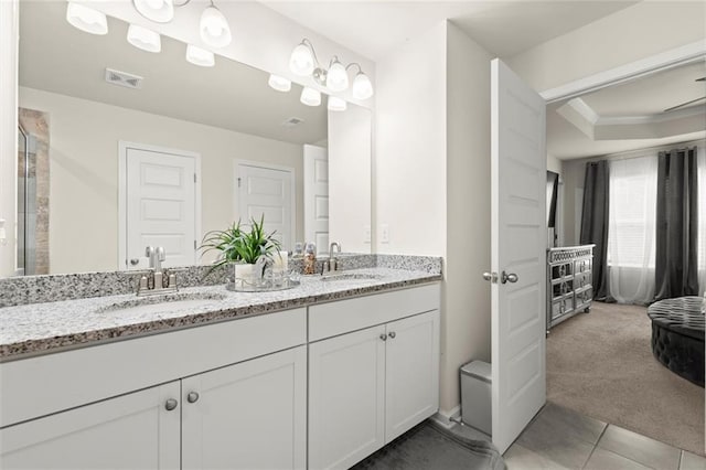 2227 Foley Park St, Snellville, GA 30078 - bathroom with double vanity, an enclosed shower, and tile patterned flooring