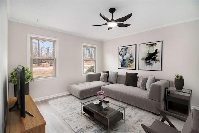 living room featuring ceiling fan, ornamental molding, and light hardwood / wood-style flooring