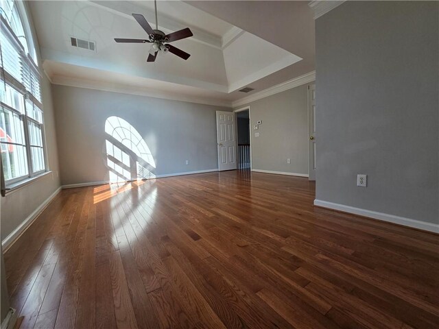 3773 Summer Rose Dr, Atlanta, GA 30341 - unfurnished room featuring dark wood finished floors, ceiling fan, crown molding, baseboards, and a tray ceiling