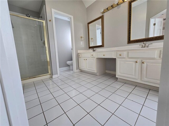 3773 Summer Rose Dr, Atlanta, GA 30341 - full bath with double vanity, a shower stall, toilet, tile patterned flooring, and baseboards