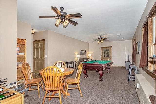 rec room featuring a ceiling fan, carpet, and pool table