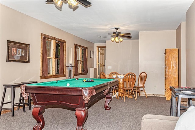 playroom with baseboards, carpet, ceiling fan, and billiards