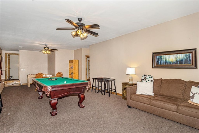 recreation room featuring billiards, a ceiling fan, baseboards, and carpet floors