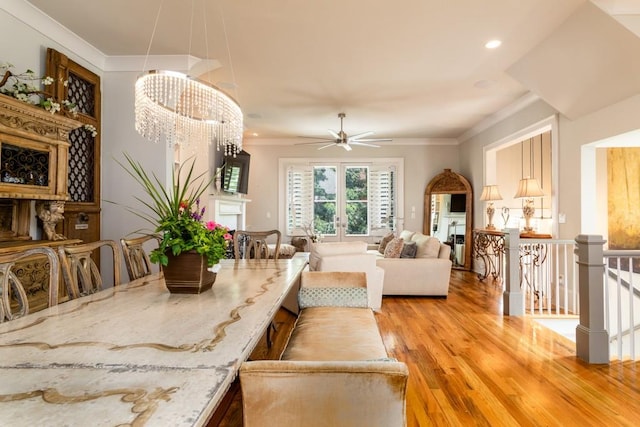 3734 Paige Way NE Unit 10, Atlanta, GA 30319 - dining space featuring light wood-style floors, recessed lighting, ceiling fan, and crown molding