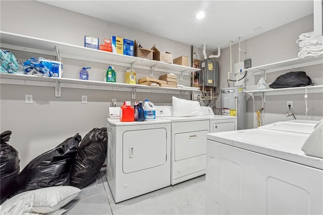 laundry area featuring water heater, electric water heater, and washer and dryer