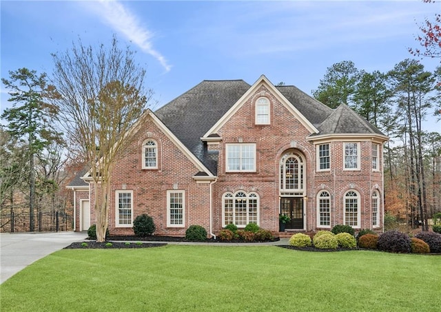 colonial house featuring driveway, a front yard, a shingled roof, a garage, and brick siding