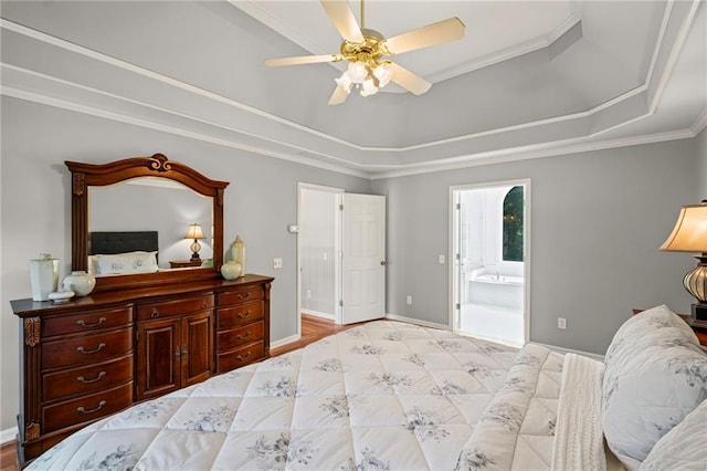 14270 Morning Mountain Way, Milton, GA 30004 - bedroom with ornamental molding, a tray ceiling, ensuite bathroom, and a ceiling fan