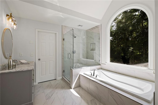 14270 Morning Mountain Way, Milton, GA 30004 - bathroom with marble finish floors, vanity, healthy amount of natural light, and a bath