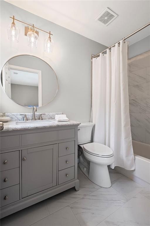 14270 Morning Mountain Way, Milton, GA 30004 - bathroom featuring marble finish floors, vanity, and shower / bath combo with shower curtain