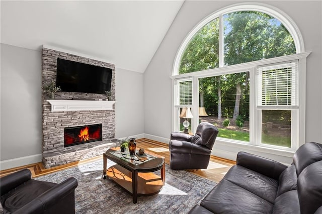 14270 Morning Mountain Way, Milton, GA 30004 - living area with healthy amount of natural light, wood finished floors, a fireplace, and lofted ceiling