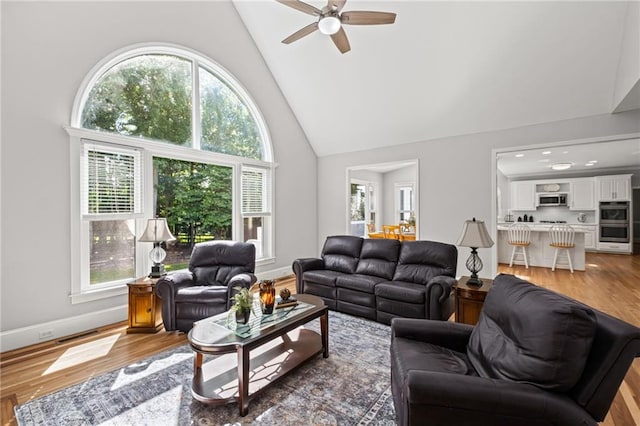 14270 Morning Mountain Way, Milton, GA 30004 - living room with high vaulted ceiling, plenty of natural light, a ceiling fan, and wood finished floors