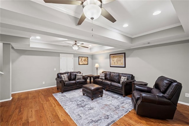 14270 Morning Mountain Way, Milton, GA 30004 - living area with a raised ceiling, a ceiling fan, ornamental molding, wood finished floors, and recessed lighting