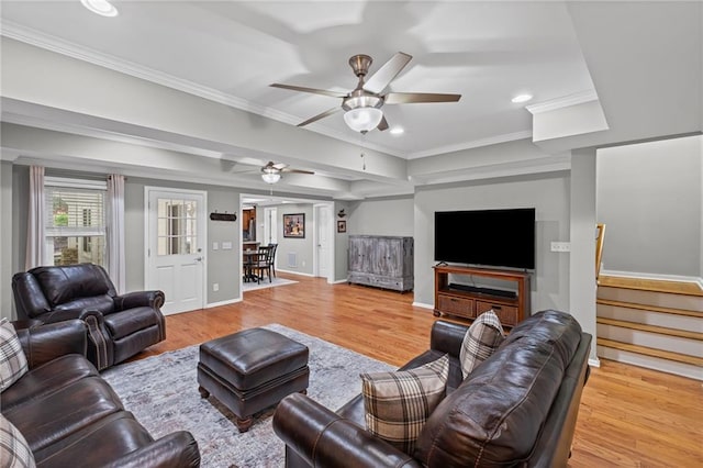 14270 Morning Mountain Way, Milton, GA 30004 - living room featuring a ceiling fan, wood finished floors, recessed lighting, crown molding, and stairs