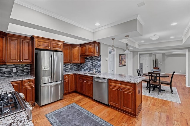 14270 Morning Mountain Way, Milton, GA 30004 - kitchen featuring appliances with stainless steel finishes, a tray ceiling, light wood-style floors, a peninsula, and ornamental molding