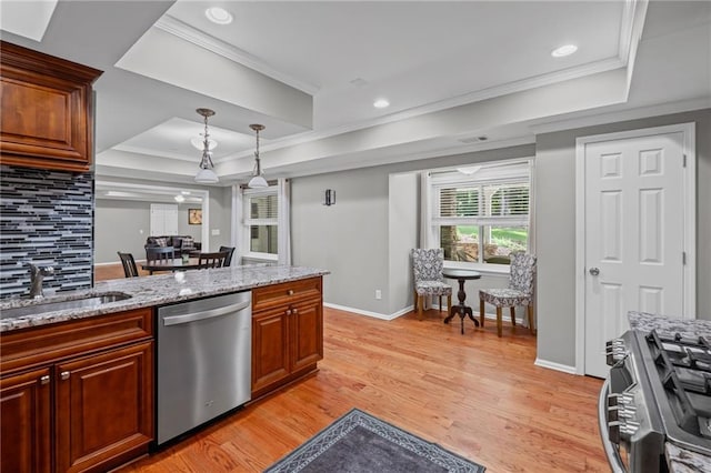 14270 Morning Mountain Way, Milton, GA 30004 - kitchen with stainless steel dishwasher, stove, a tray ceiling, light wood-style floors, and ornamental molding