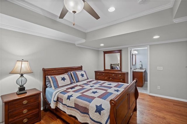 14270 Morning Mountain Way, Milton, GA 30004 - bedroom with light wood-style flooring, ornamental molding, recessed lighting, connected bathroom, and ceiling fan