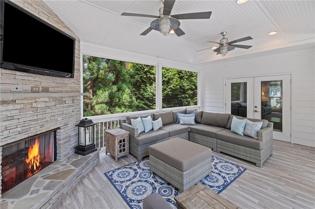 14270 Morning Mountain Way, Milton, GA 30004 - wooden terrace with french doors, an outdoor living space with a fireplace, and a ceiling fan