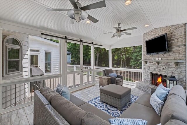 14270 Morning Mountain Way, Milton, GA 30004 - sunroom / solarium featuring an outdoor living space with a fireplace, vaulted ceiling, and a ceiling fan