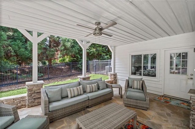 14270 Morning Mountain Way, Milton, GA 30004 - fenced backyard featuring an outdoor living space, a ceiling fan, and a patio