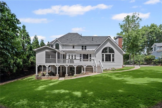 14270 Morning Mountain Way, Milton, GA 30004 - rear view of house featuring a sunroom, a chimney, a deck, stairway, and a patio area