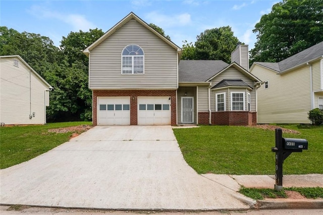 4400 Old Allgood Cir, Stone Mountain, GA 30083 - view of front of house with brick siding, a garage, a front lawn, concrete driveway, and a chimney