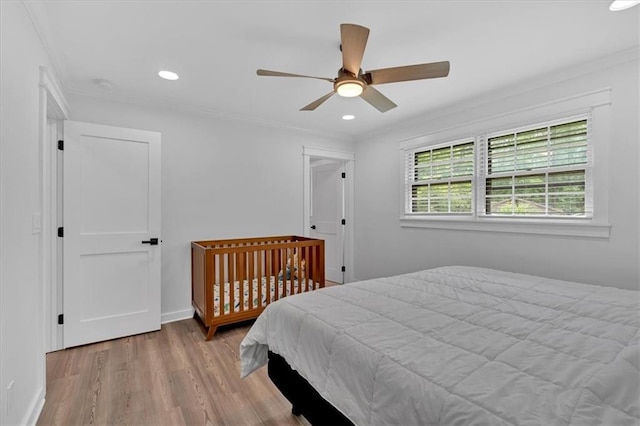 597 Rich Davis Rd, Hiram, GA 30141 - bedroom featuring wood finished floors, recessed lighting, ornamental molding, and ceiling fan