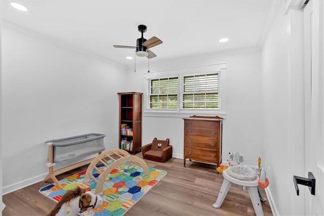 597 Rich Davis Rd, Hiram, GA 30141 - bedroom with crown molding, wood finished floors, baseboards, recessed lighting, and a ceiling fan