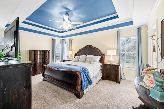 49 Inverness Ct, Hiram, GA 30141 - bedroom with a raised ceiling, multiple windows, ornamental molding, carpet, and ceiling fan