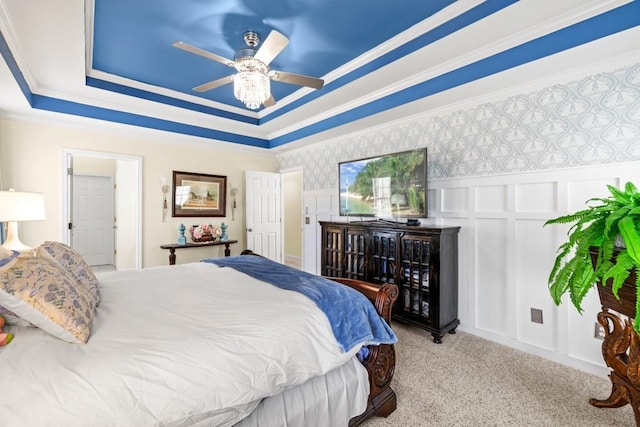 49 Inverness Ct, Hiram, GA 30141 - bedroom featuring a decorative wall, a raised ceiling, carpet flooring, ornamental molding, and a wainscoted wall