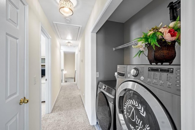 49 Inverness Ct, Hiram, GA 30141 - laundry area featuring attic access, washer and dryer, and carpet floors