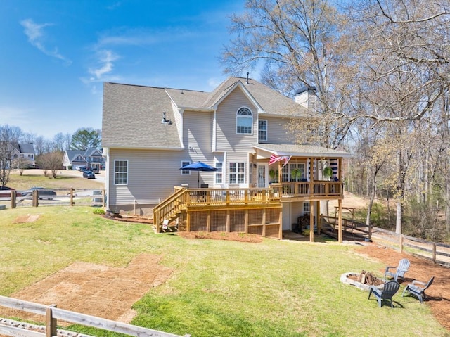 49 Inverness Ct, Hiram, GA 30141 - back of house with a deck, an outdoor fire pit, a chimney, stairs, and a shingled roof