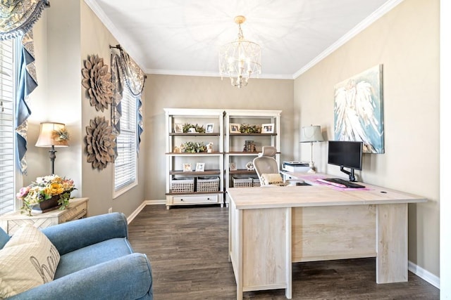 49 Inverness Ct, Hiram, GA 30141 - office featuring a chandelier, dark wood-style floors, ornamental molding, and baseboards