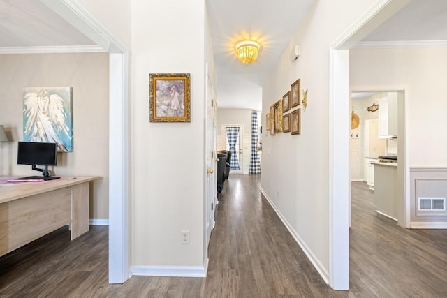 49 Inverness Ct, Hiram, GA 30141 - hallway featuring dark wood-style flooring, an office area, ornamental molding, and baseboards