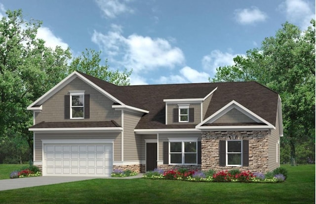 craftsman house featuring a garage and a front lawn