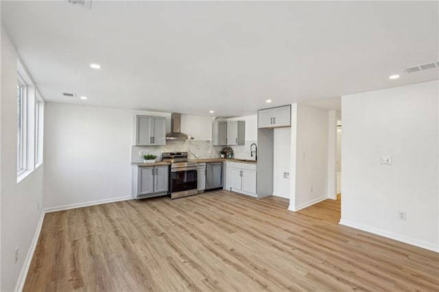 kitchen featuring wall chimney exhaust hood, sink, gray cabinetry, stainless steel appliances, and decorative backsplash