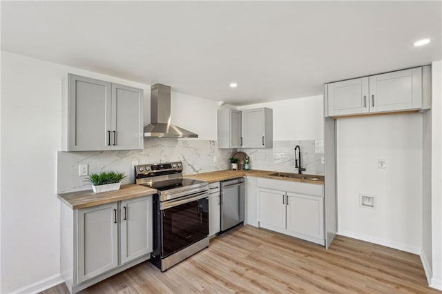 kitchen with butcher block counters, sink, appliances with stainless steel finishes, wall chimney range hood, and backsplash