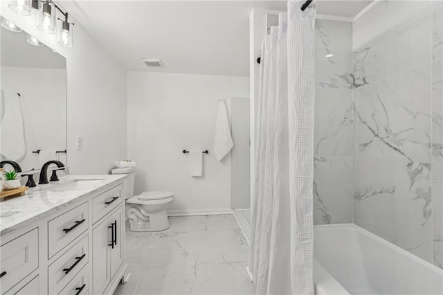 full bathroom with vanity, toilet, and shower / bath combo with shower curtain